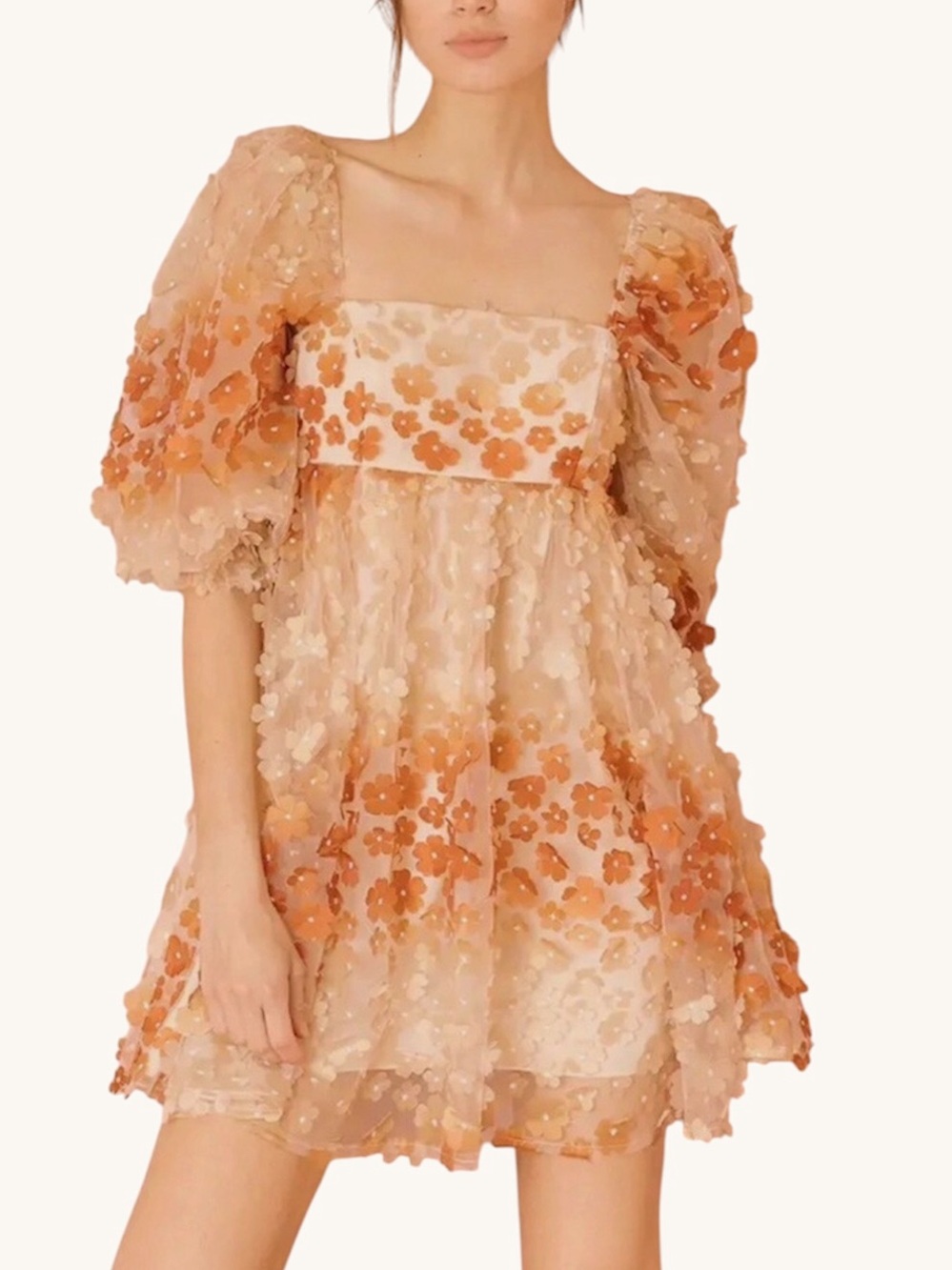 STORIA Floral Appliqué Puff-Sleeve Ombré Babydoll Mini Dress